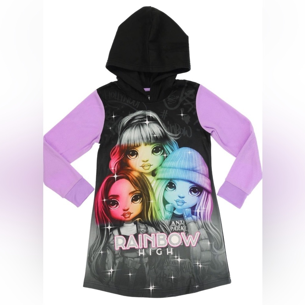 NWOT Rainbow High Girls Dorm Pajama Top in Black with Purple Sleeve & Glitter